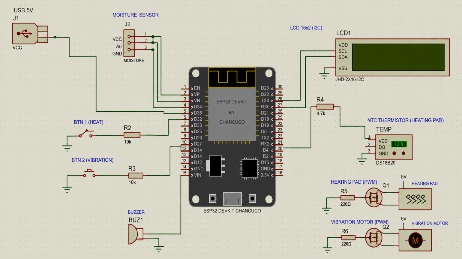 Fig. 3: Hardware circuit diagram (ESP32 DevKit with NTC Thermistor, Moisture Sensor, MOSFET, LCD, Buzzer).